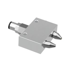 The TKM nozzle block B2 contains two nozzles that can lubricate a saw blade on both sides. The nozzle block is used for oil-air lubrication of saw blades.