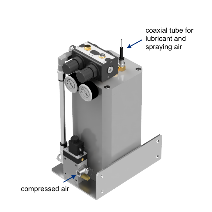 Side view of the TKM PSD 250 MQL spraying and metering device for pasty lubricants and flowable greases